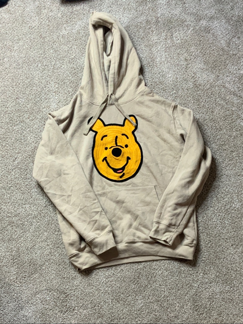 Beige Hoodie with Yellow Cartoon Bear Patch